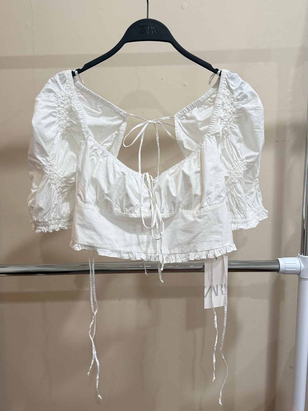 ZARA White Puff Sleeve Tie Front Crop Top NWT Size M